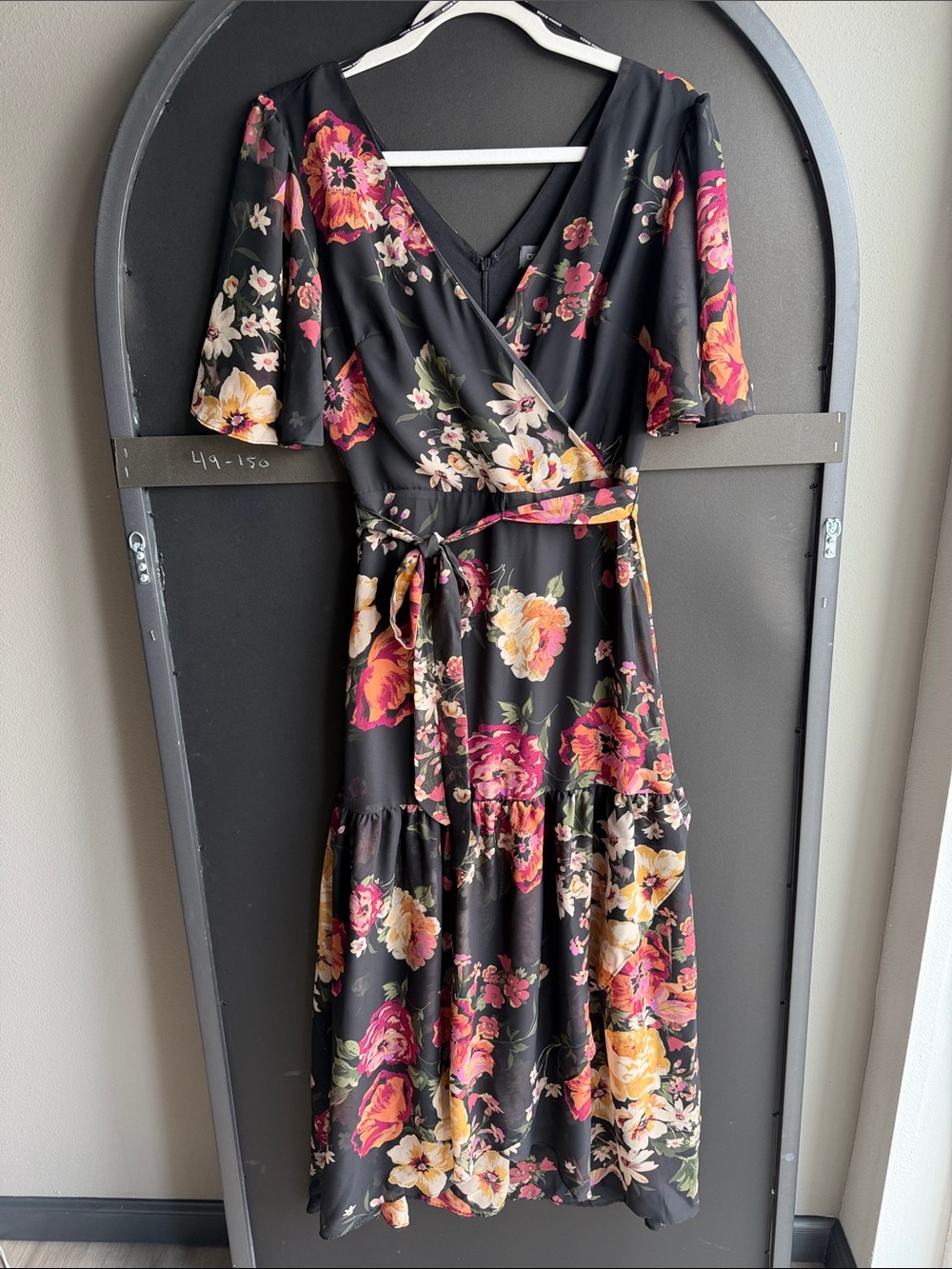 Black Floral Wrap Midi Dress with Tie Waist